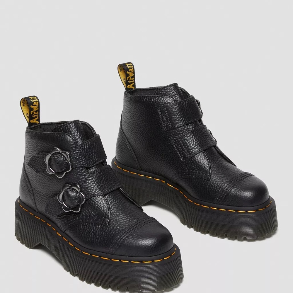 New Dr. Martens Women's Devon Flower Buckle Leather Platform Boots - Picture 2 of 8